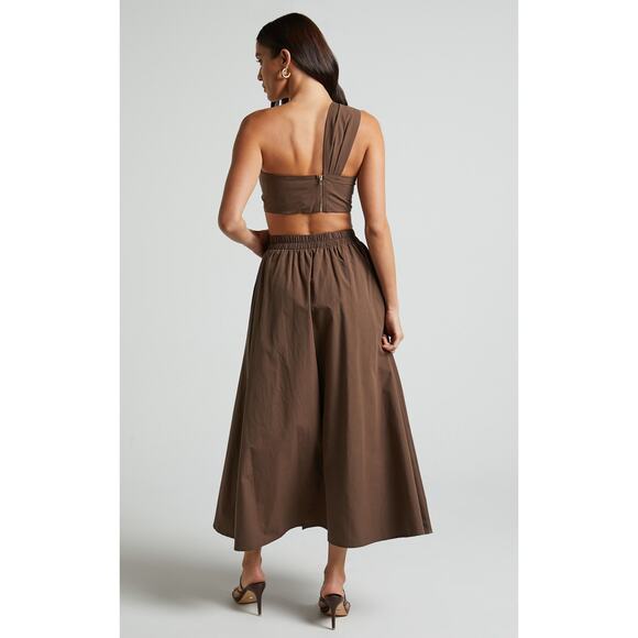 Showpo Sula Two Piece Set One Shoulder Crop Top Midi Skirt Chocolate Brown 2 - Picture 4 of 15